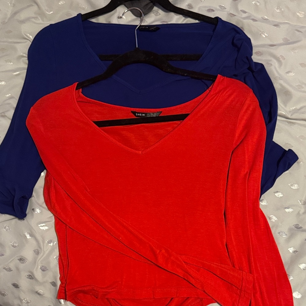V-Neck Blouses - Bold Red and Deep Blue